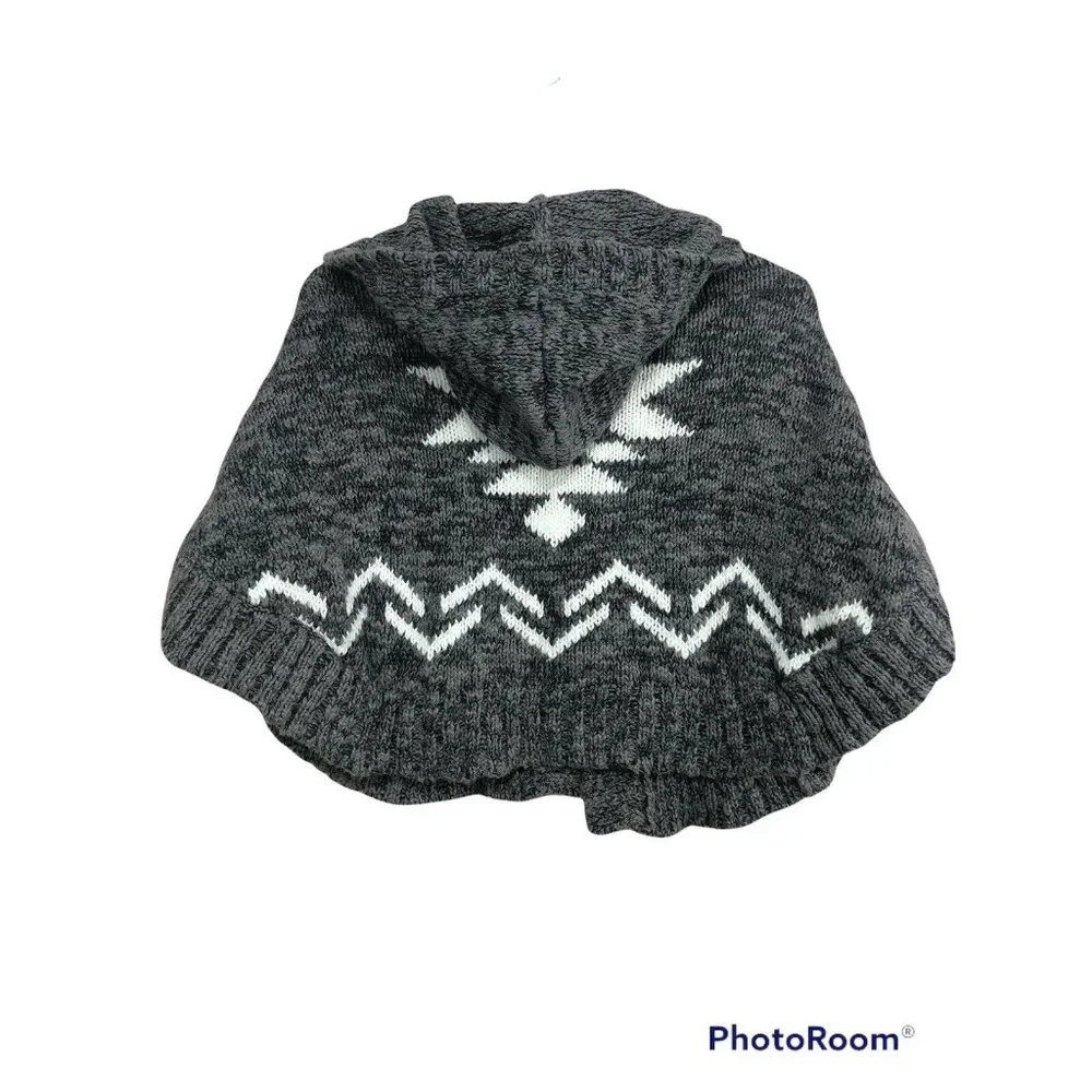 Genuine Kids Oshkosh Hooded Sweater Cape Poncho Sz 12m Gray White Aztec Design‎